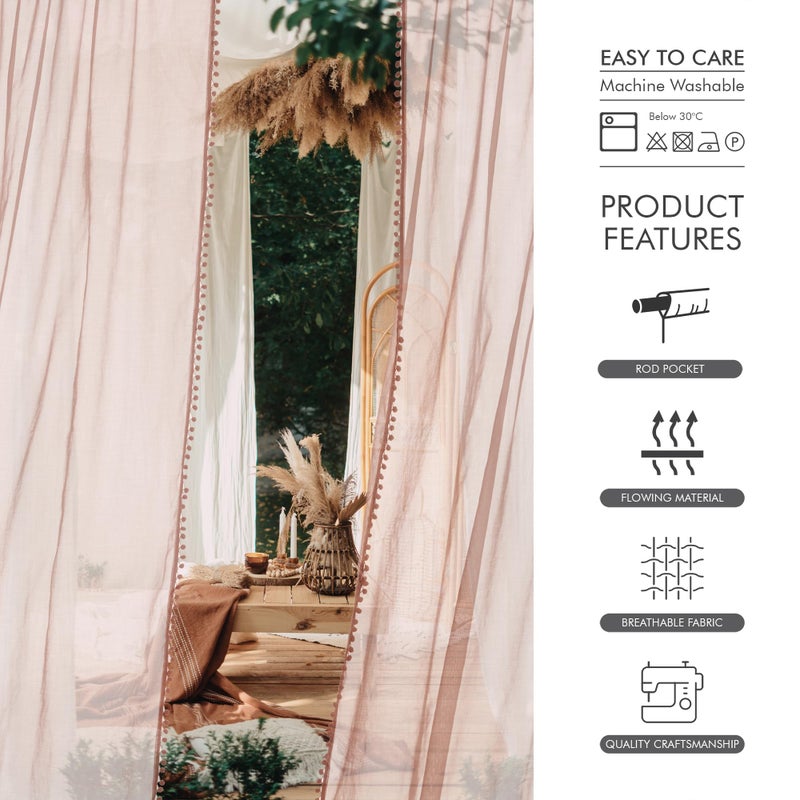 MISS SELECTEX Linen Look Pom Pom Tasseled Sheer Curtains for Living and Bedroom - Rod Pocket Voile Semi-Sheer, Set of 2 Curtain Panels (52 x 63 inch, Blush) - Image 5